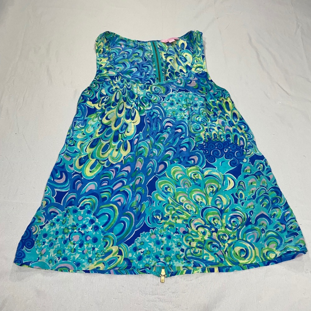 Lilly Pulitzer Women Blue Green‎ Silk Sleeveless Full Zip Back Tank Top Medium